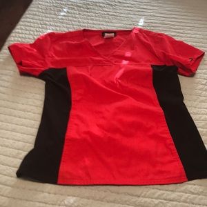 Red and black scrub top